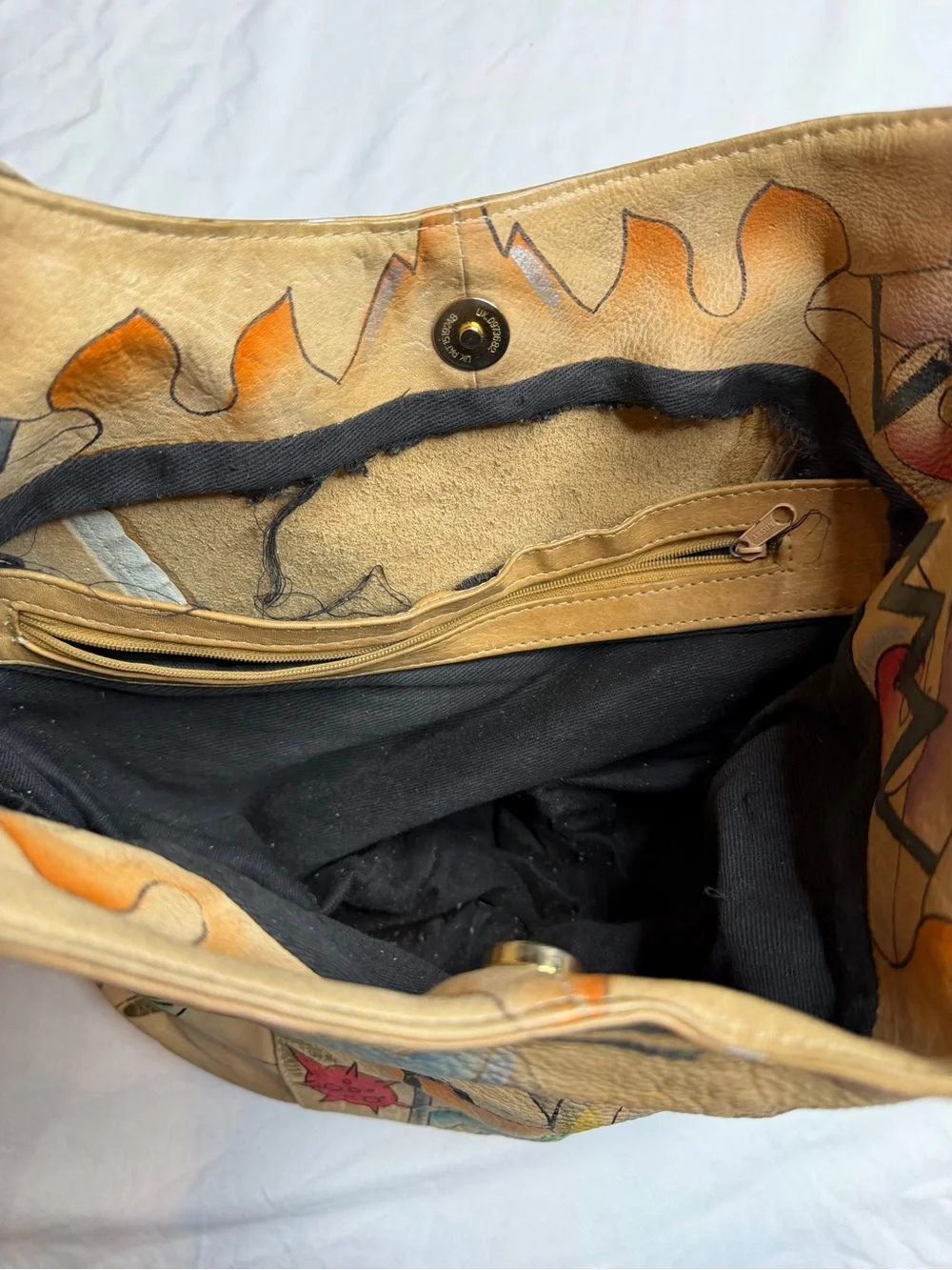 Hand Painted Genuine Leather Hobo Shoulder Bag Abstract Art Boho Slouch Purse